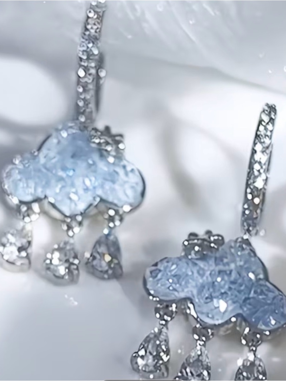 Silver-tone Cloud Drop Earrings with Light Blue Crystals